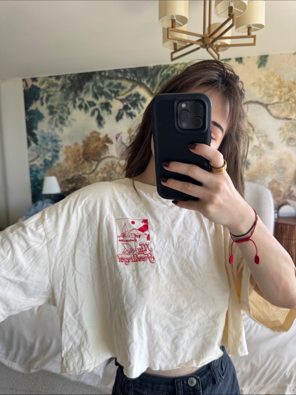 Women's Cream Cropped Graphic Tee with Red Print